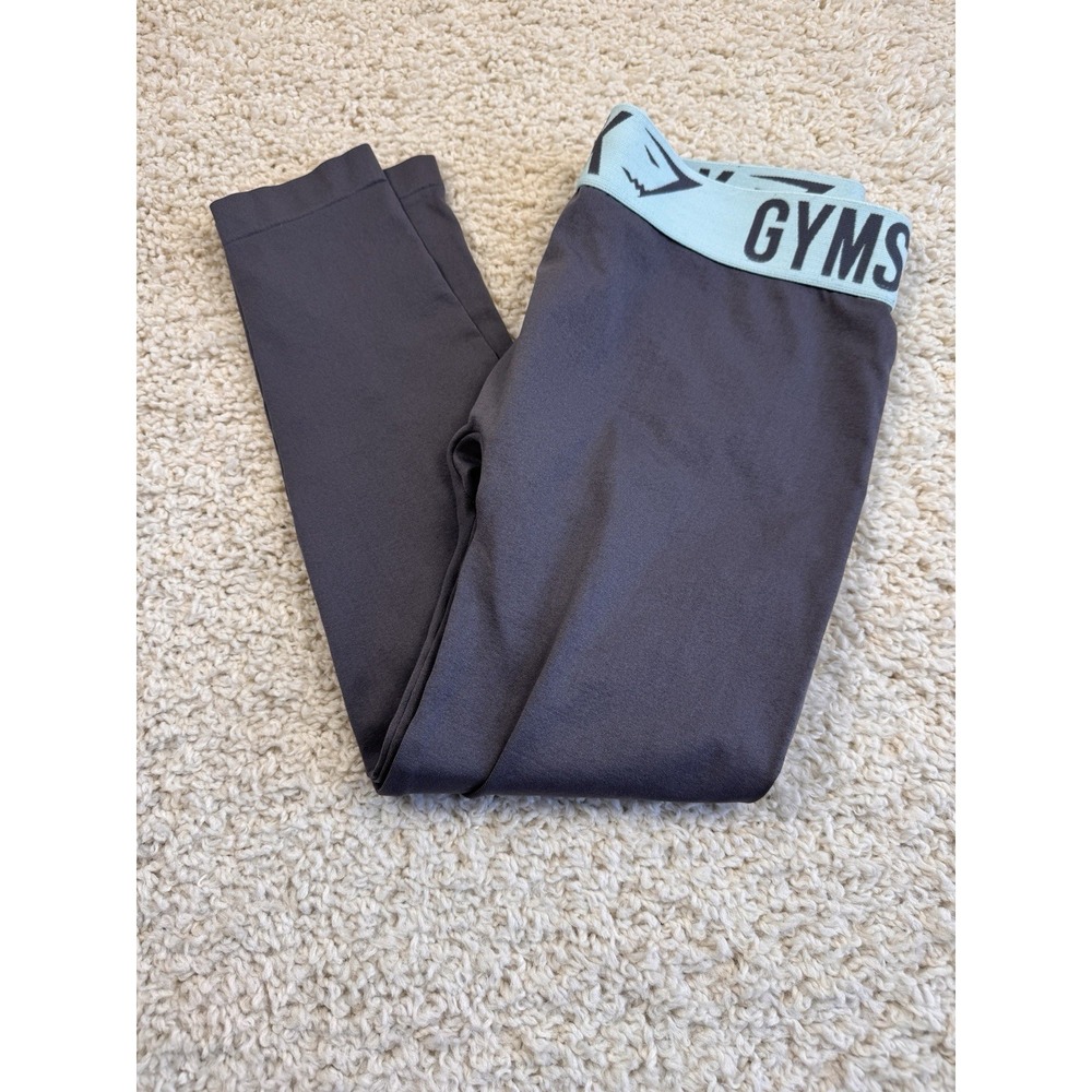 Gymshark Women's Small Leggings Gray Aqua Logo Waistband High Rise Workout